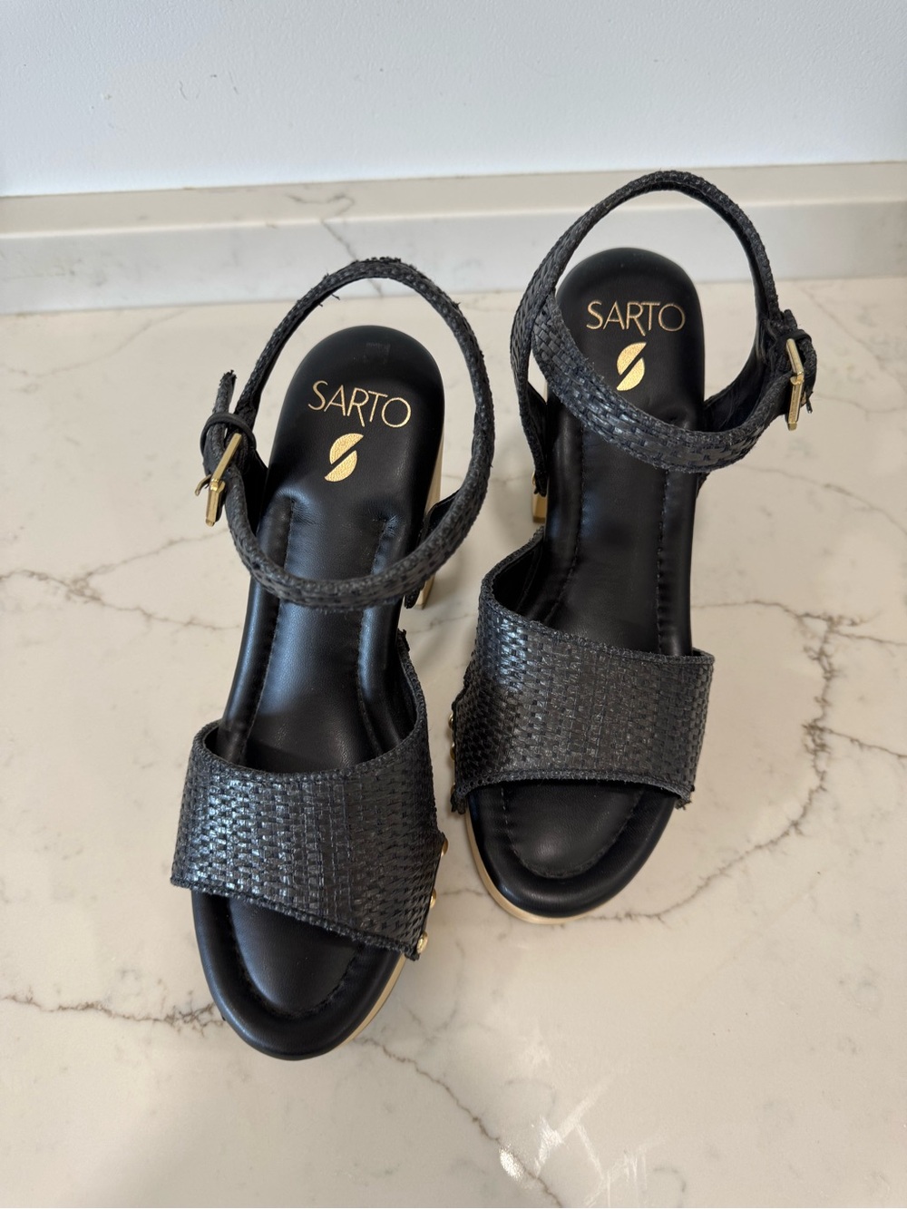 SARTO By Franco Sarto Black Woven Platform Sandals with Gold Studs - Picture 3 of 3